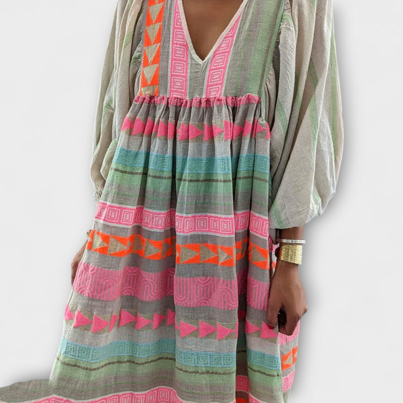 Ziggy - Retro V-Hals Puff Mouw Maxi Jurk