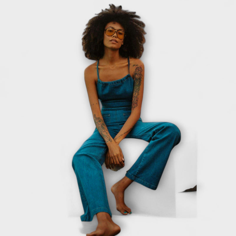 Julie - Flared Denim Jumpsuit met Strikdetail