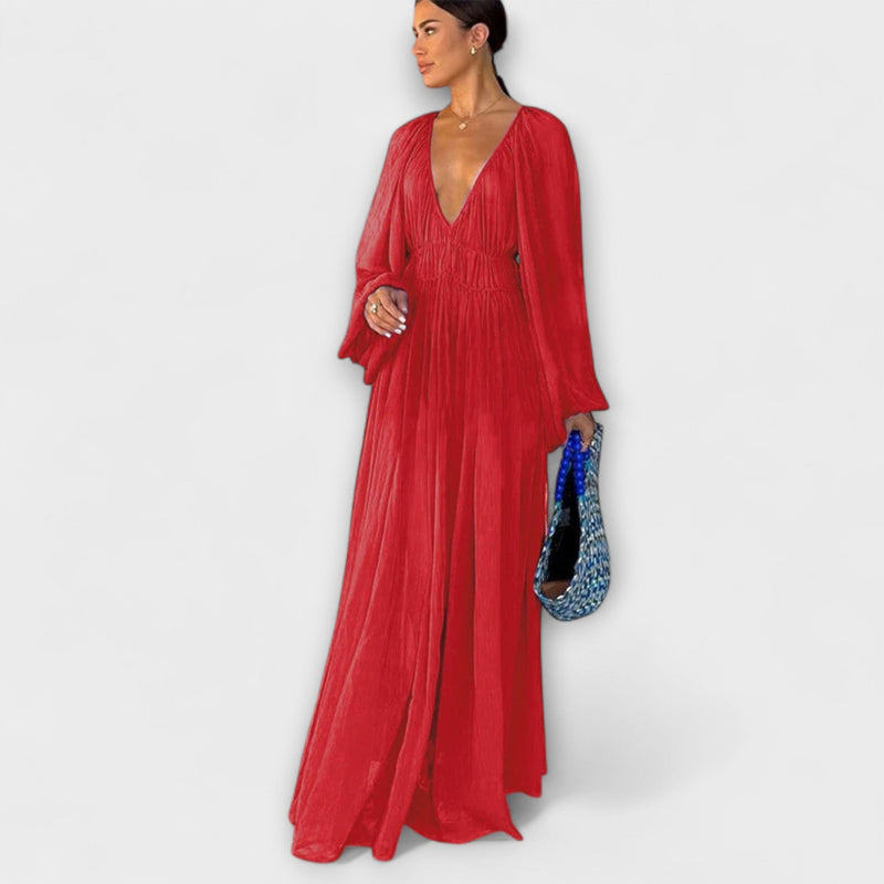 Elegante Plissé Lange Mouwen Jurk