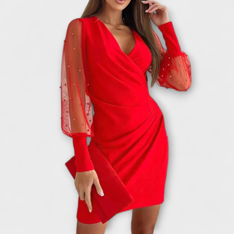 Gwen - V-Hals Mini Jurk met Gewikkelde Taille en Kantdetails