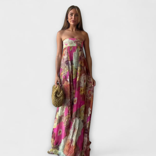 Chic Retro Strapless Plissé Maxi Jurk