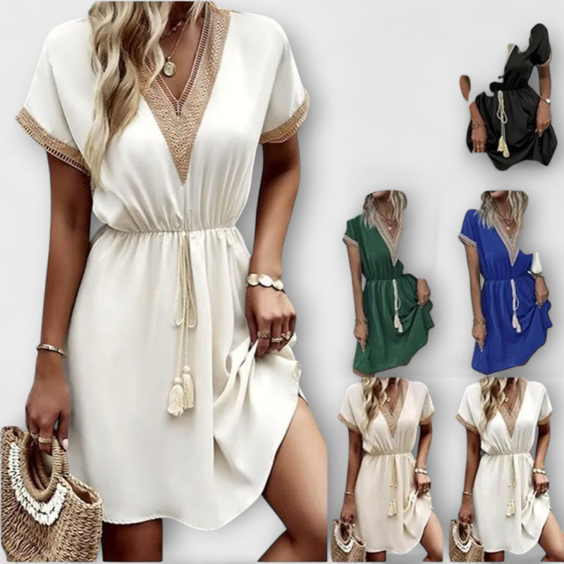 Josephine - Stijlvolle V-hals Boheemse Jurk met Elegante Tailleband