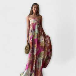 Chic Retro Strapless Plissé Maxi Jurk