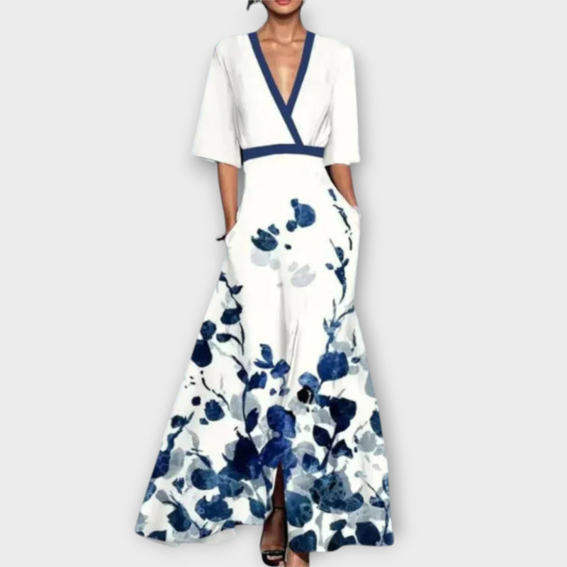 Ruby - Bloemen Maxi Jurk met Ceintuur en V-Hals
