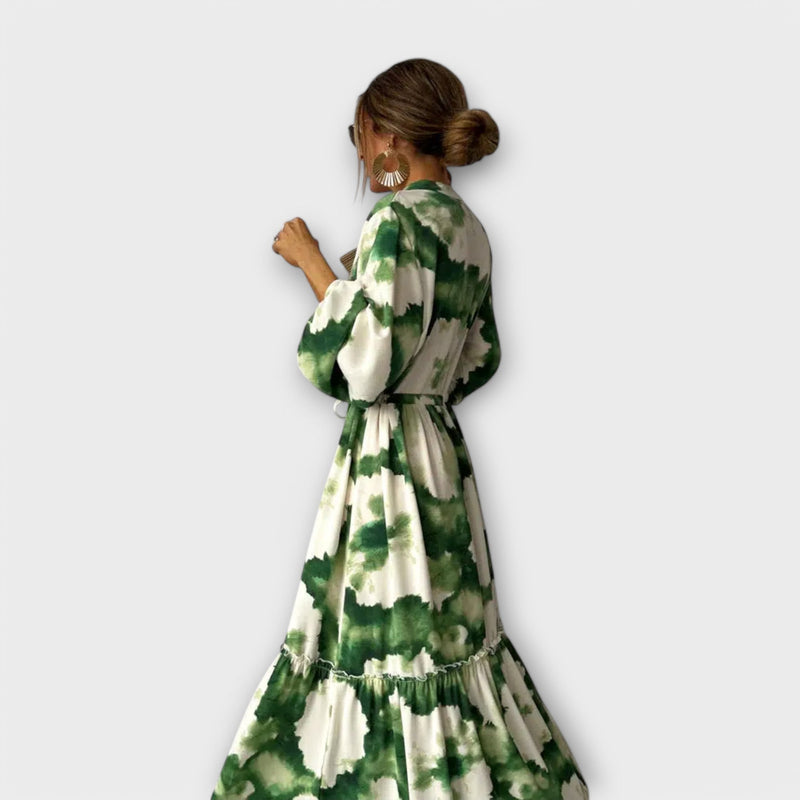 Melina - Groene Maxi-jurk met Lange Mouwen en V-hals