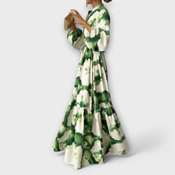 Melina - Groene Maxi-jurk met Lange Mouwen en V-hals