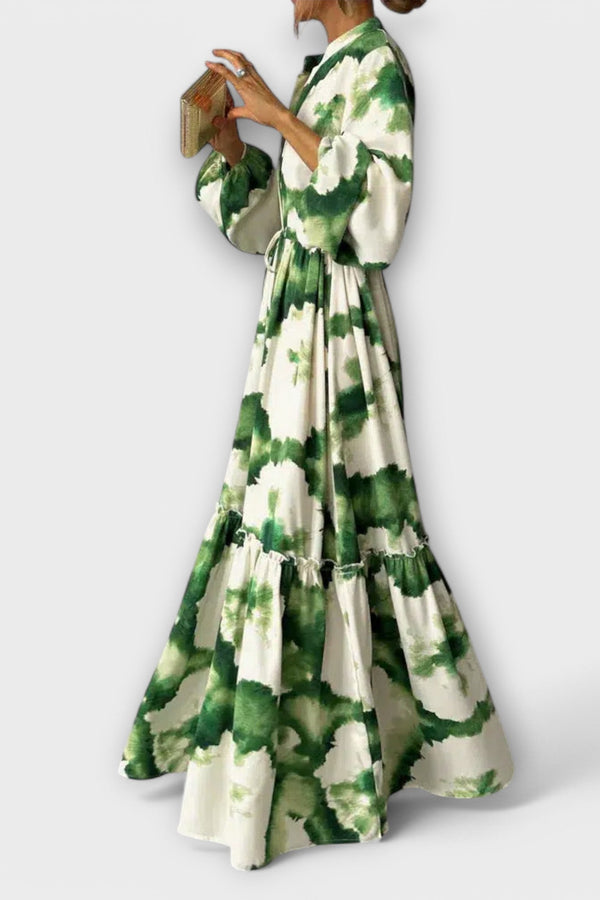 Melina - Groene Maxi-jurk met Lange Mouwen en V-hals