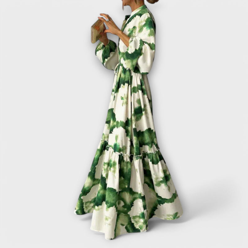 Melina - Groene Maxi-jurk met Lange Mouwen en V-hals