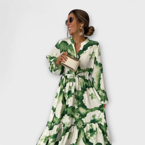 Melina - Groene Maxi-jurk met Lange Mouwen en V-hals