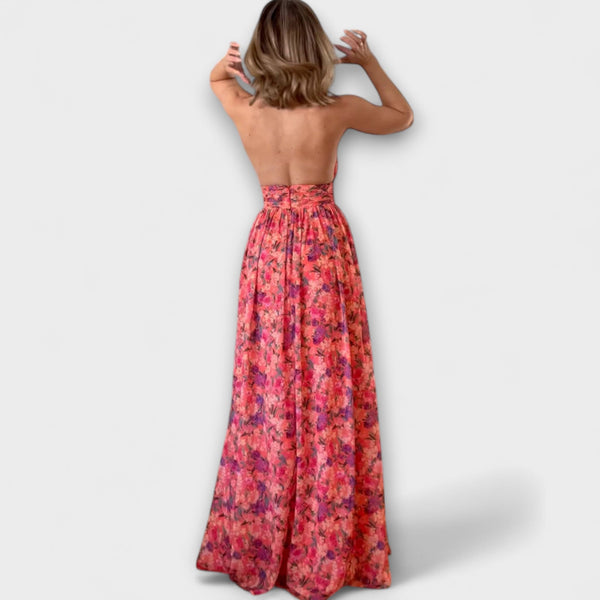 Nortrud - Rugloze Maxi-jurk met Bloemenpatroon