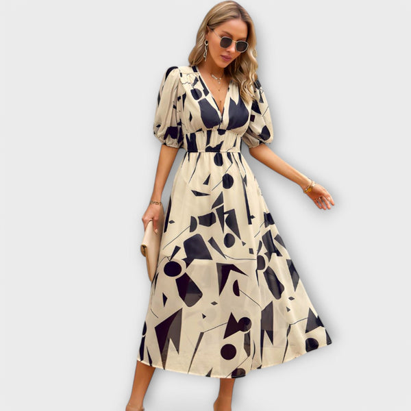 Abstract Maxi Jurk met Puff Mouwen