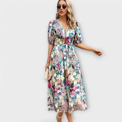 Abstract Maxi Jurk met Puff Mouwen