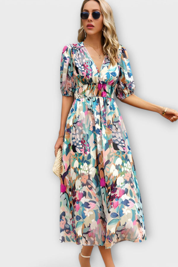 Abstract Maxi Jurk met Puff Mouwen