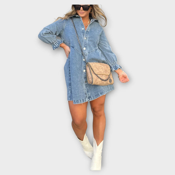 Galilea - Stijlvolle Denim Midi-jurk met Omgeslagen Kraag