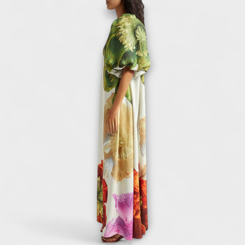 Skylar - Maxi Jurk met Bloemenprint, Asymmetrische Halslijn en Pofmouwen