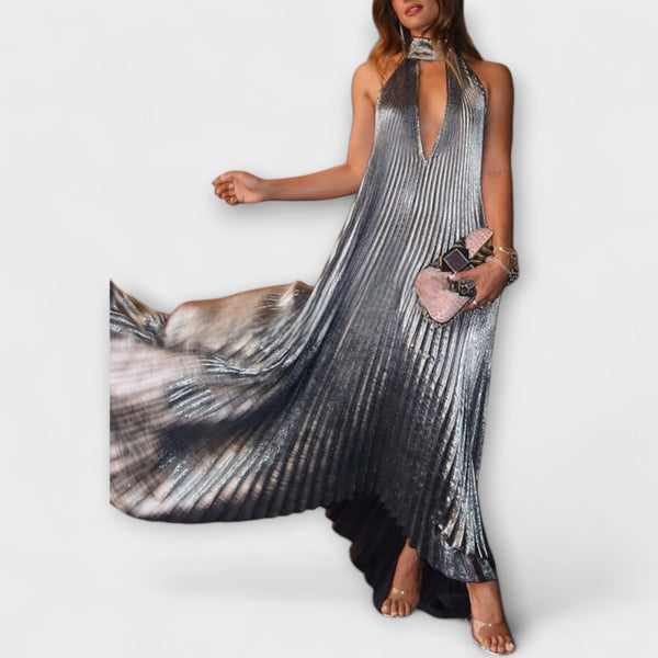 Calliope - Metallic Plissé A-Lijn Maxi Jurk