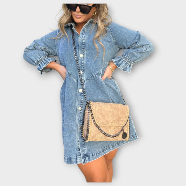 Galilea - Stijlvolle Denim Midi-jurk met Omgeslagen Kraag