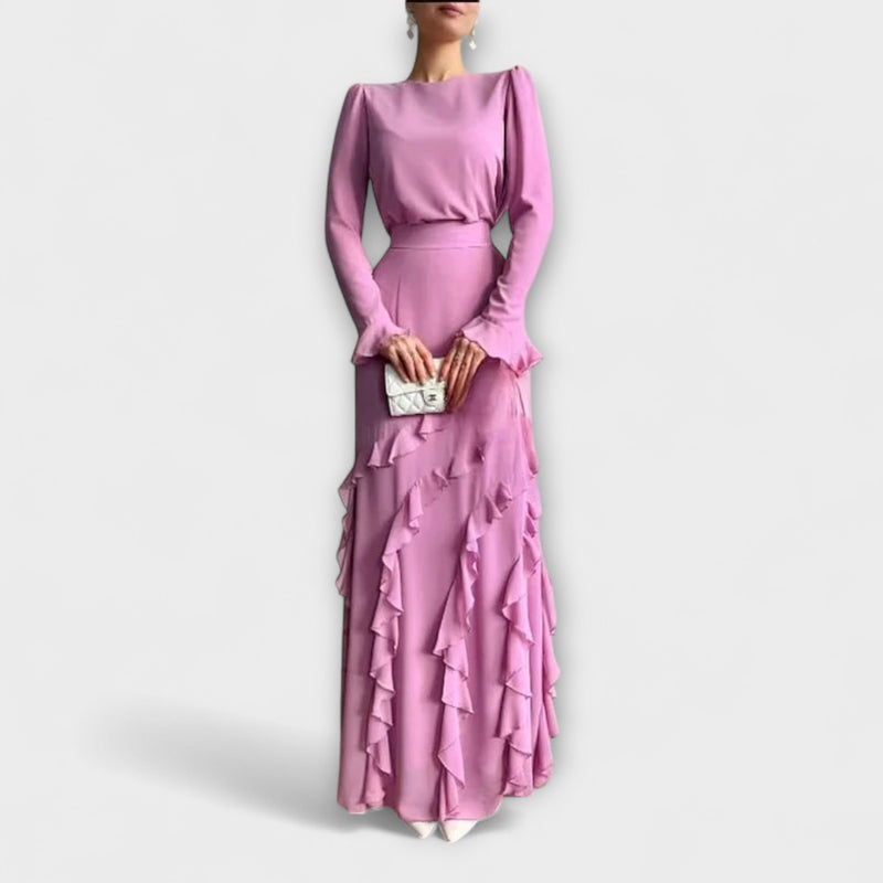 Fallon - Slim Fit Lange Jurk met Drie-Dimensionale Rimpels