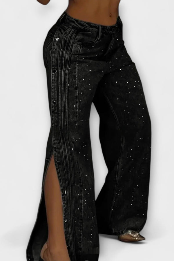 Nola - Hoge Taille Jeans met Strass Versieringen en Zijknopen