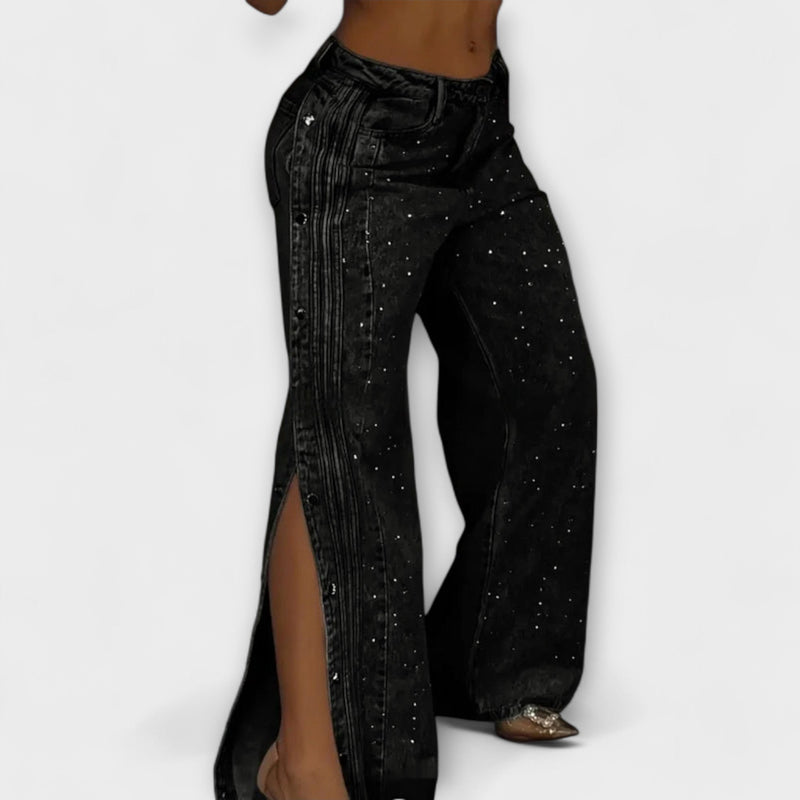 Nola - Hoge Taille Jeans met Strass Versieringen en Zijknopen