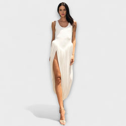 Draped Maxi Jurk met Sculpturale Rok en Zijsplit