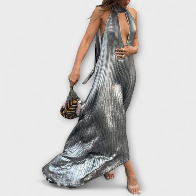 Calliope - Metallic Plissé A-Lijn Maxi Jurk