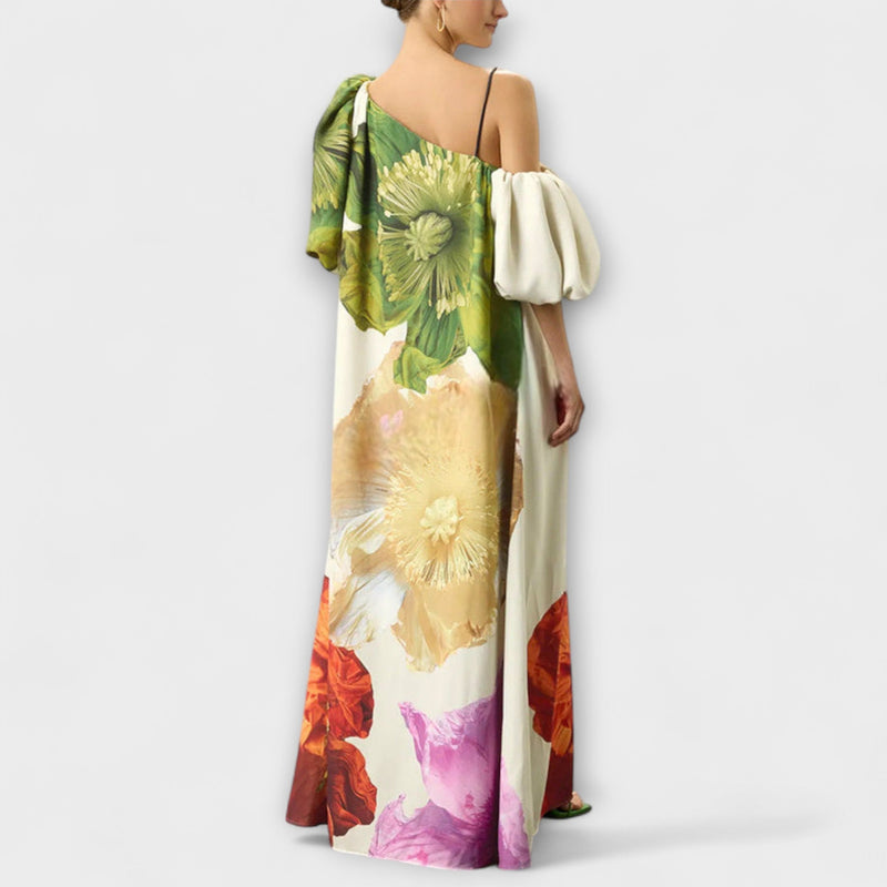 Skylar - Maxi Jurk met Bloemenprint, Asymmetrische Halslijn en Pofmouwen
