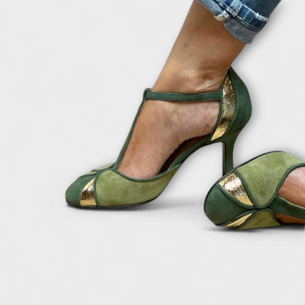 Alona - Décolleté Patchwork met T-Sluiting en Gesloten Neus