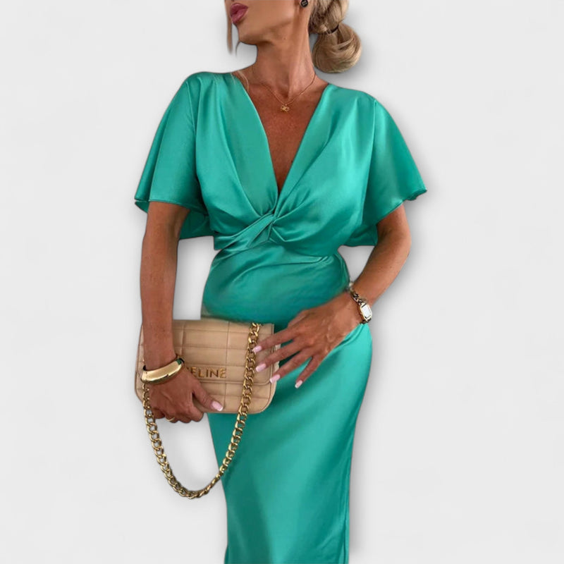 Sable - Effen Satijnen V-Hals Knoop Slim Fit Maxi Jurk