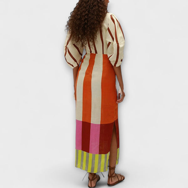 Kaya - Maxi Jurk met Front Cutout en Puff Mouwen