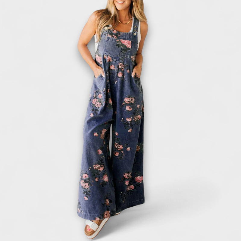 Bethany - Brede Denim Overalls met Bloemenpatroon