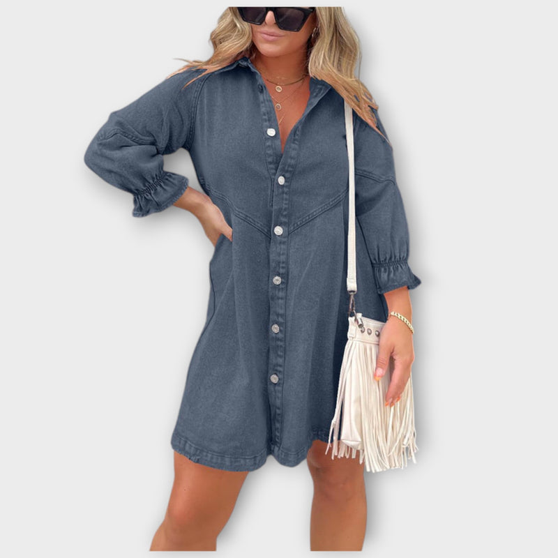Galilea - Stijlvolle Denim Midi-jurk met Omgeslagen Kraag