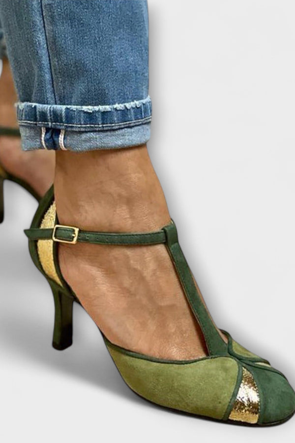 Alona - Décolleté Patchwork met T-Strap en Gesloten Neus