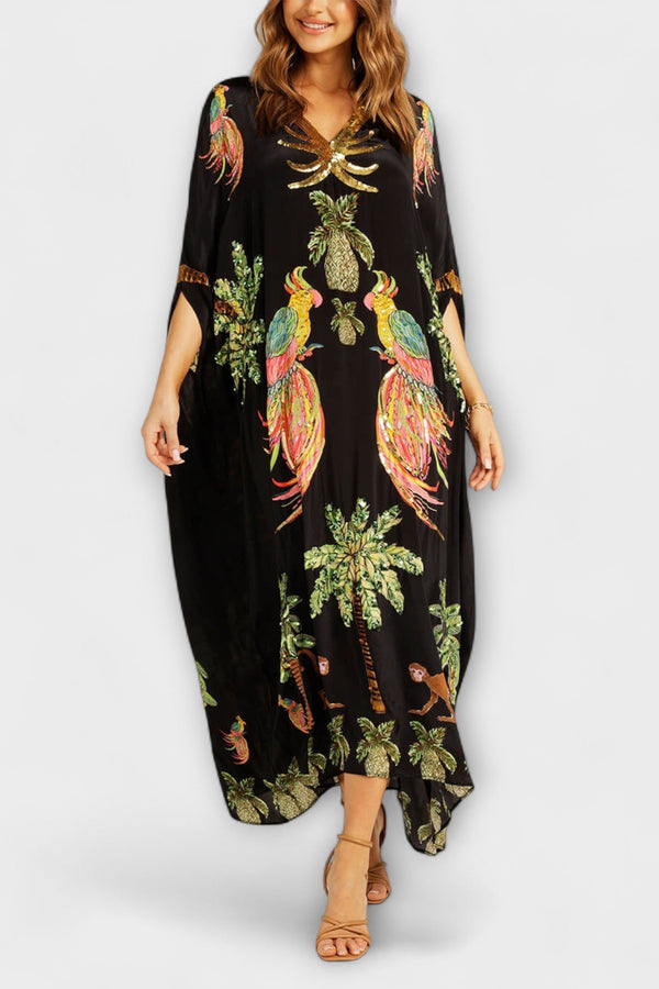 Linda - Opvallende Jurk met Asymmetrische Schouders en Kokosboomprint