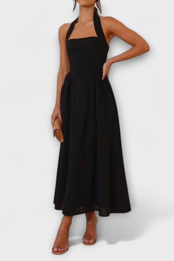Lydia - Mid-Length Zwarte Halterjurk met Taille Detail