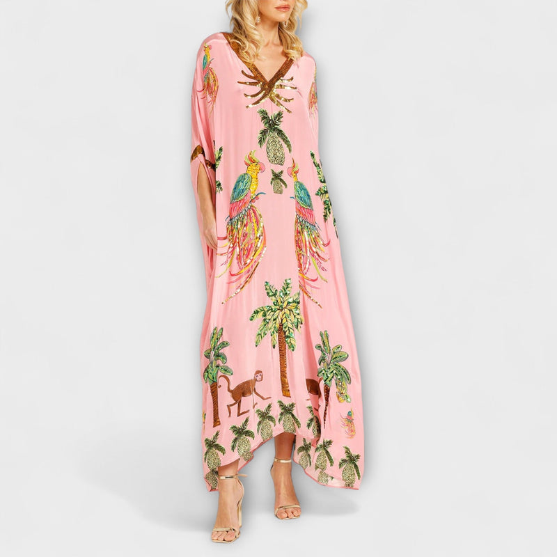 Linda - Opvallende Jurk met Asymmetrische Schouders en Kokospalmprint