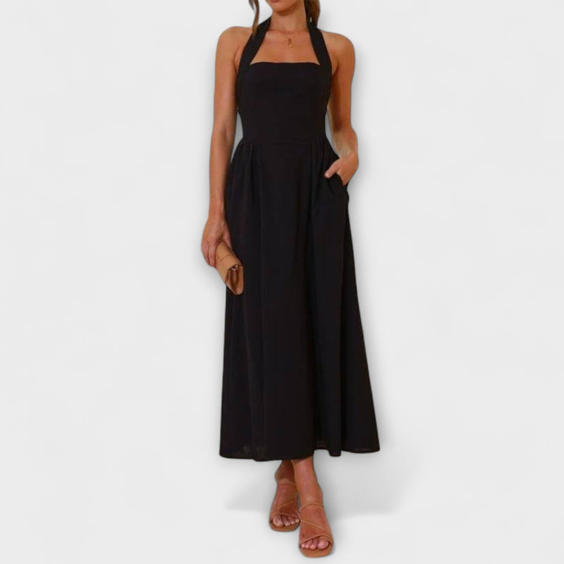 Lydia - Mid-Length Zwarte Halterjurk met Taille Detail