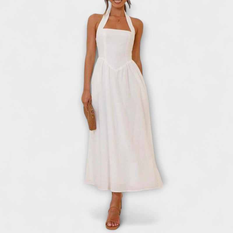 Lydia - Mid-Length Zwarte Halterjurk met Taille Detail