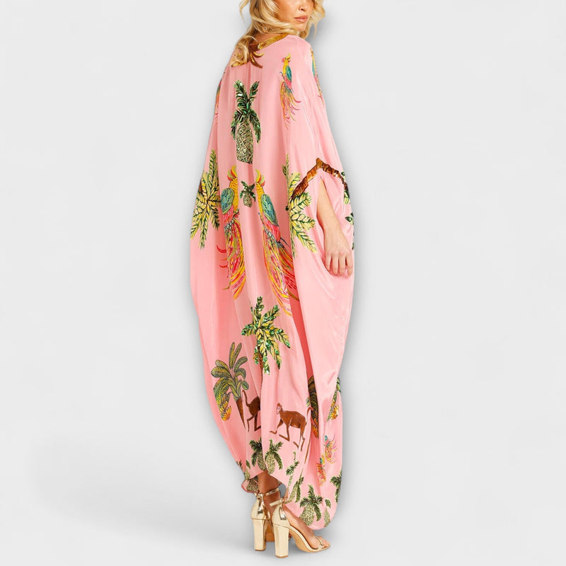 Linda - Opvallende Jurk met Asymmetrische Schouders en Kokosboomprint