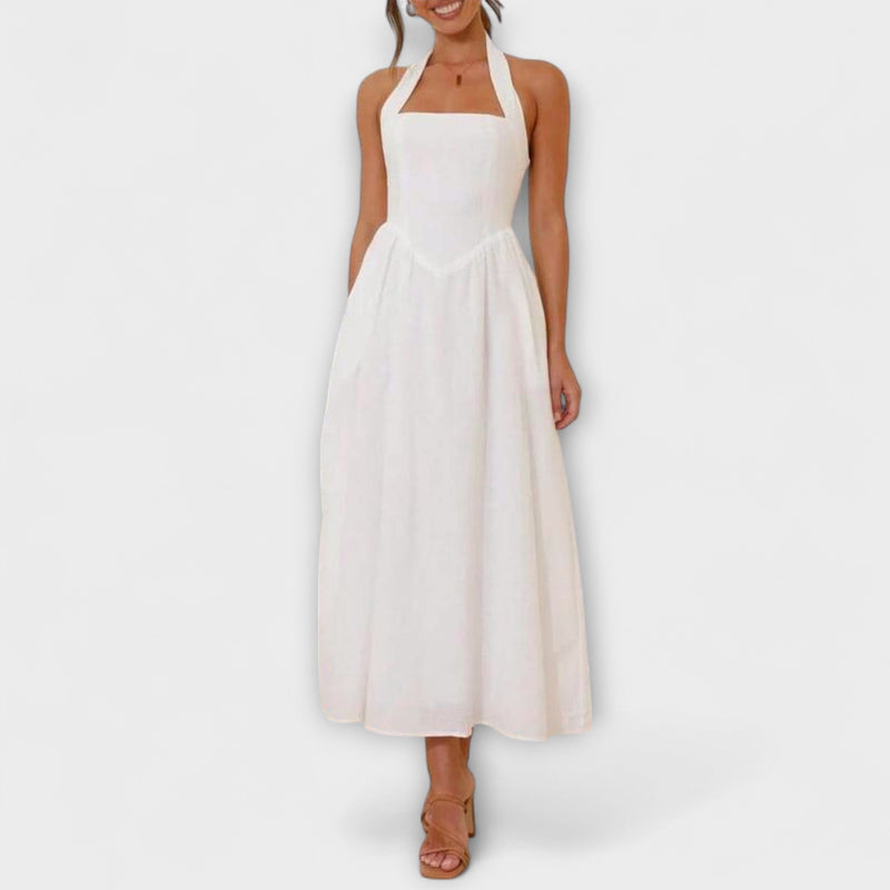 Lydia - Mid-Length Zwarte Halterjurk met Taille Detail