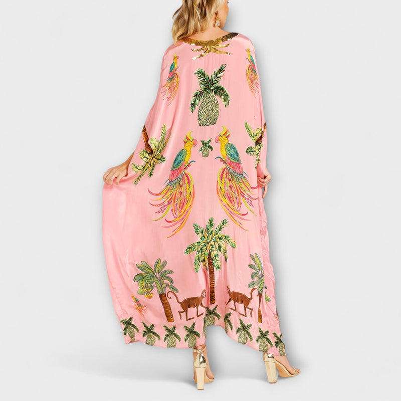 Linda - Opvallende Jurk met Asymmetrische Schouders en Kokospalmprint