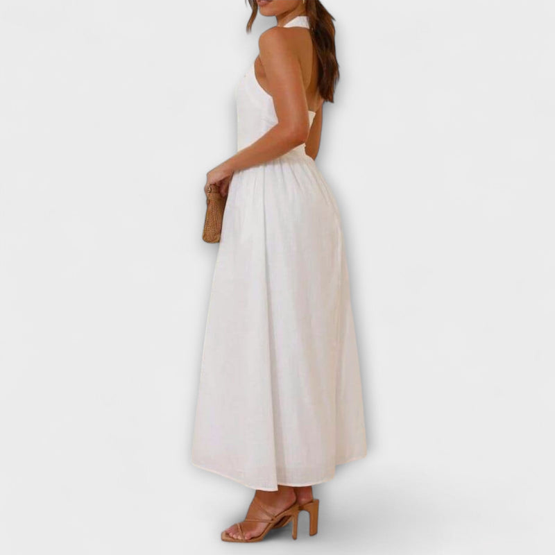 Lydia - Mid-Length Zwarte Halterjurk met Taille Detail