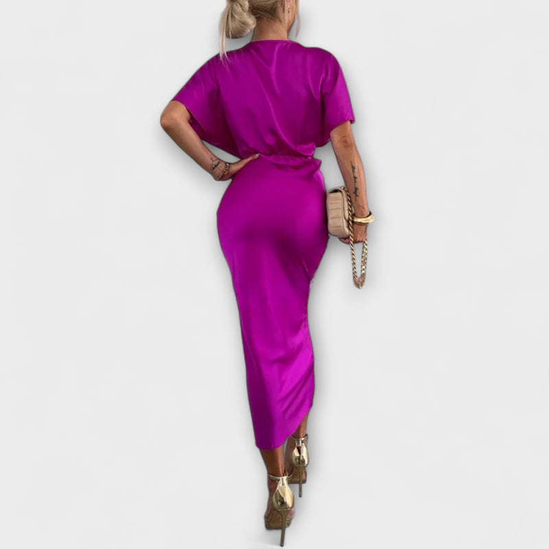 Sable - Effen Satijnen V-Hals Knoop Slim Fit Maxi Jurk