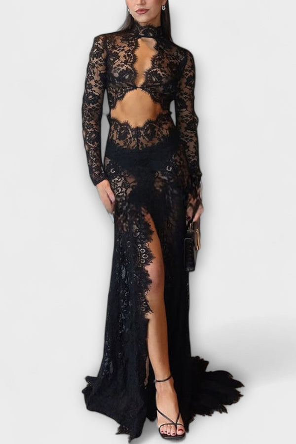 Azalea - Midnight Elegance Transparante Cutout Lange Mouw Stretch Maxi Jurk