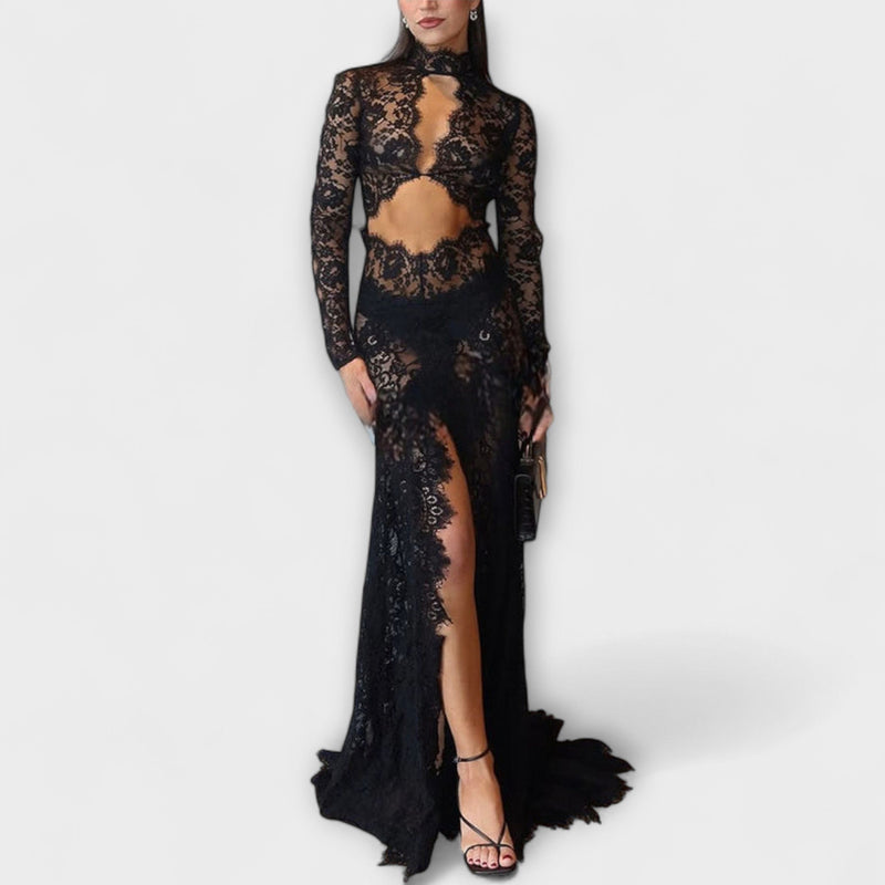 Azalea - Midnight Elegance Transparante Cutout Lange Mouw Stretch Maxi Jurk
