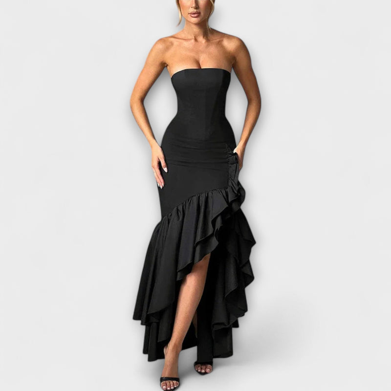Zuri - Off-Shoulder Slim Fit Maxi Jurk met Asymmetrische Zoom
