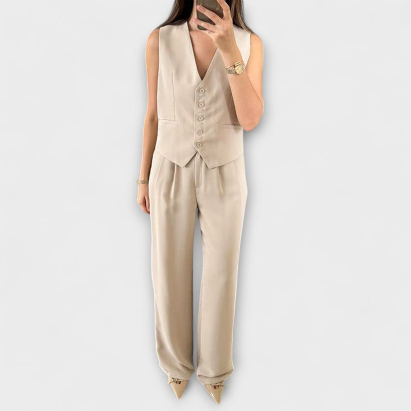Hazel - Stijlvolle Effen Kleur V-Hals Vest en Broek Twee-delige Set