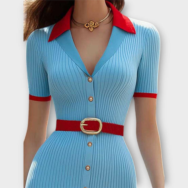 Sina - Stijlvolle Babyblauwe Geribbelde Tricot Pencil Dress