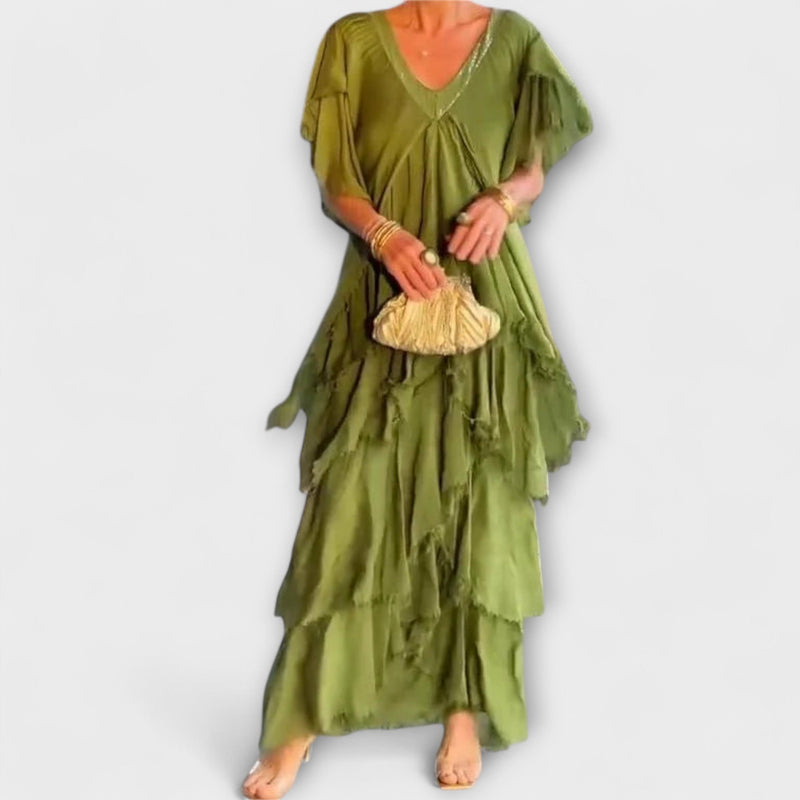 Blaise - V-Hals Maxi Jurk met Rimpel Korte Mouwen