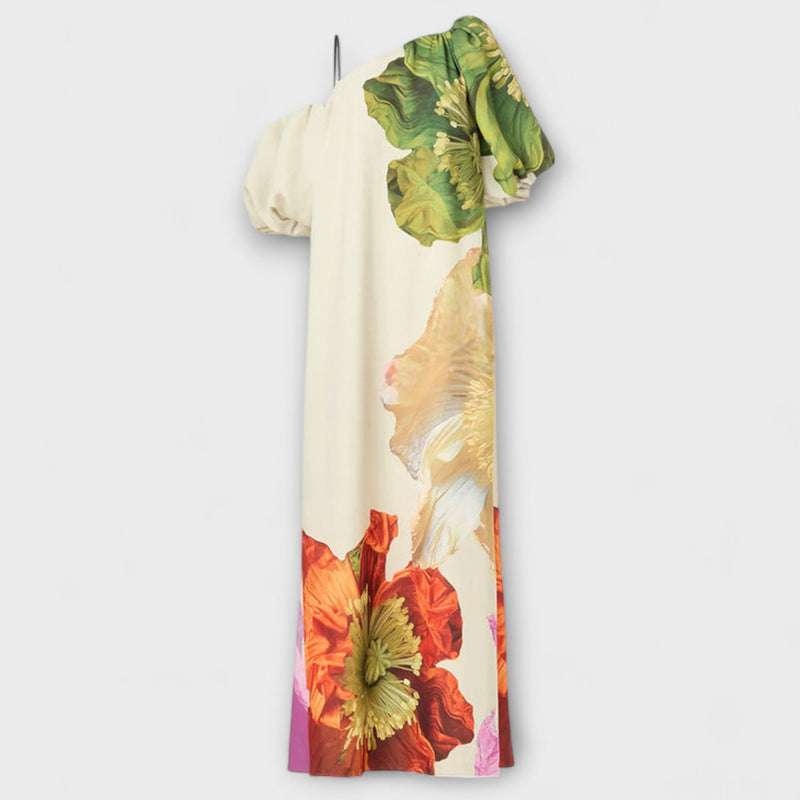 Skylar - Maxi Jurk met Bloemenprint, Asymmetrische Halslijn en Pofmouwen